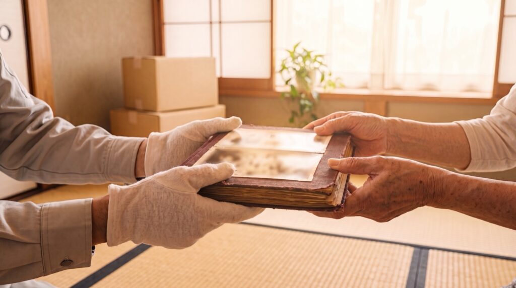 明るい和室で、白手袋をした遺品整理・特殊清掃の作業者が、依頼者から古い写真アルバムを両手で丁寧に受け取っている様子。大切な思い出を安心して託せる、落ち着いた雰囲気。