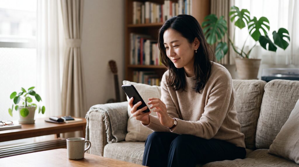 自宅のソファでスマートフォンを手にした女性が、参加してみようと思えた時の少し安心した表情を浮かべる暮らしのひと場面（画面の中身は写さない）、自然光の入る明るい部屋