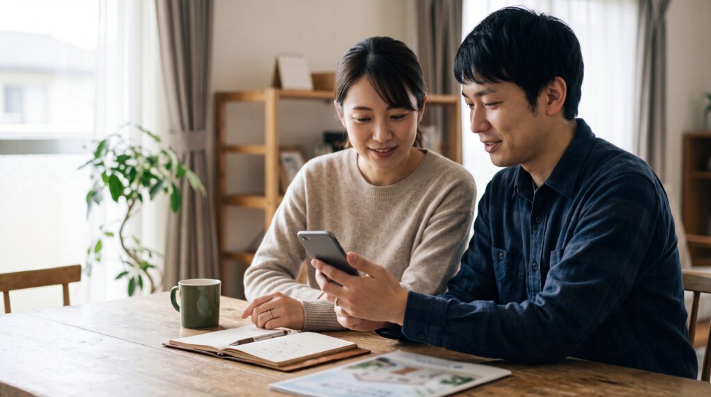 自宅の食卓で、ノートやぼかした資料とスマートフォンを相談材料に、家づくりをこれから少しずつ考え始める夫婦が、少し安心した柔らかい表情で話し合うひと場面（スマホ画面の中身・図面・文字は写さない）、自然光の入る明るい部屋
