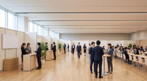 イベントが開催されている広く天井の高い多目的スペースで、参加者が自然に交流し、テーブルやブースが整然と配置された空間（施設名・ロゴ・看板・固有情報は写さない）、自然光の入る明るい会場