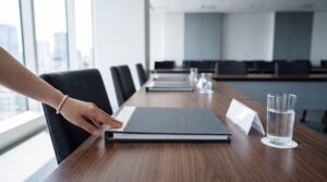 大手町エリアの貸し会議室で、開始前に資料の位置を整える手元